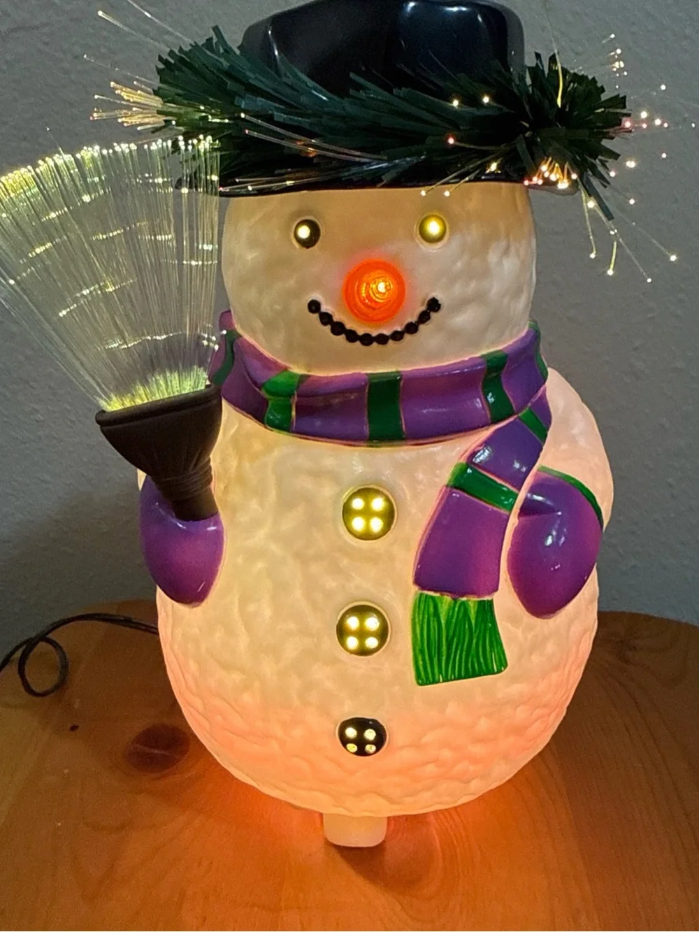 Vtg Fiber optic Blow mold  Purple & Green Snowman Holiday Light